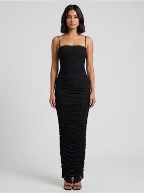 House of CB Black Ruched Maxi Slip Dress